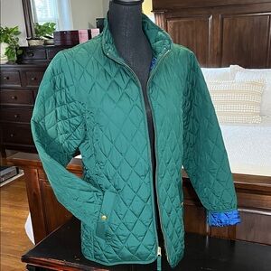 Lands End Navy Quilted Lined Jacket with Emerald Trim-Women’s Medium